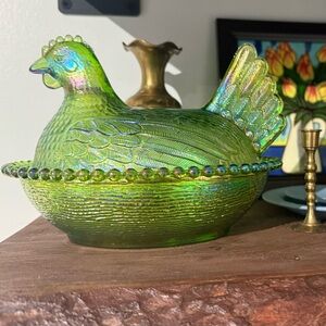 Iridescent Green Glass Bird Bowl